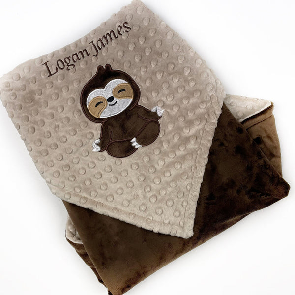 Sloth Baby Blanket, Brown and Tan Minky Blanket, Plush Dimple Dot Minky, Personalized Gift for Boy, Sloth Applique, Baby Shower Gift