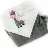 Personalized Baby Blanket in White and Gray Minky with a Giraffe Applique a Plush Keepsake Gift