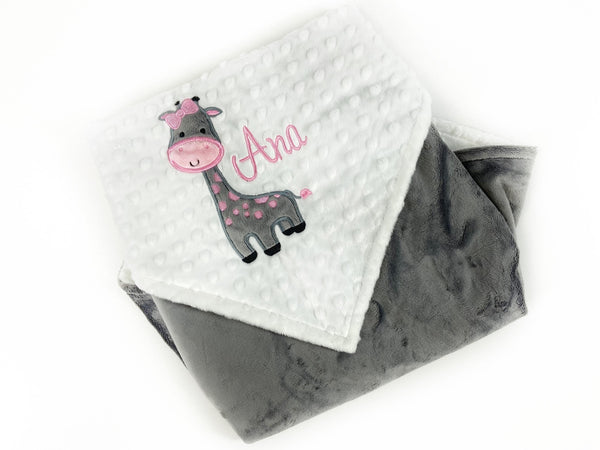 Personalized Baby Blanket in White and Gray Minky with a Giraffe Applique a Plush Keepsake Gift
