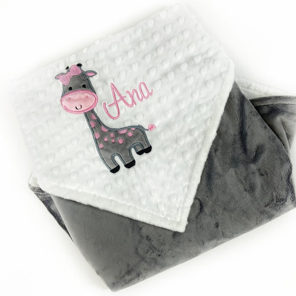 Personalized Baby Blanket in White and Gray Minky with a Giraffe Applique a Plush Keepsake Gift