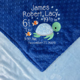 Personalized Baby Blanket, Blue Minky Blanket, Embroidered Birth Stats, Turtle Design, Personalized Gift for Infant, Gift for Baby Boy