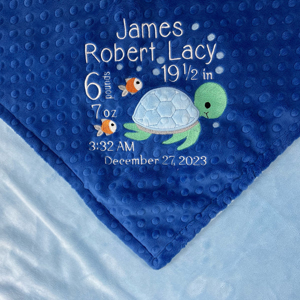 Personalized Baby Blanket, Blue Minky Blanket, Embroidered Birth Stats, Turtle Design, Personalized Gift for Infant, Gift for Baby Boy