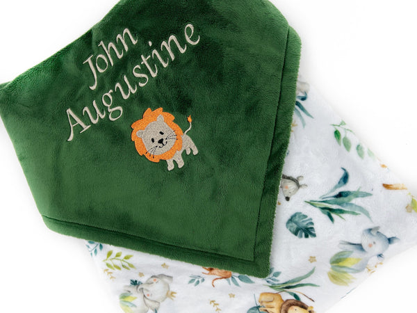 Personalize Baby Blanket, Evergreen Minky, Baby Safari Animals, Name and Lion, Welcome Gift for Baby, 1st Birthday Gift, Gender Neutral Gift