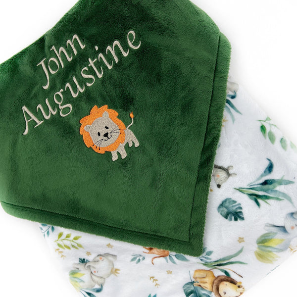 Personalize Baby Blanket, Evergreen Minky, Baby Safari Animals, Name and Lion, Welcome Gift for Baby, 1st Birthday Gift, Gender Neutral Gift