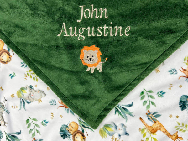 Personalize Baby Blanket, Evergreen Minky, Baby Safari Animals, Name and Lion, Welcome Gift for Baby, 1st Birthday Gift, Gender Neutral Gift
