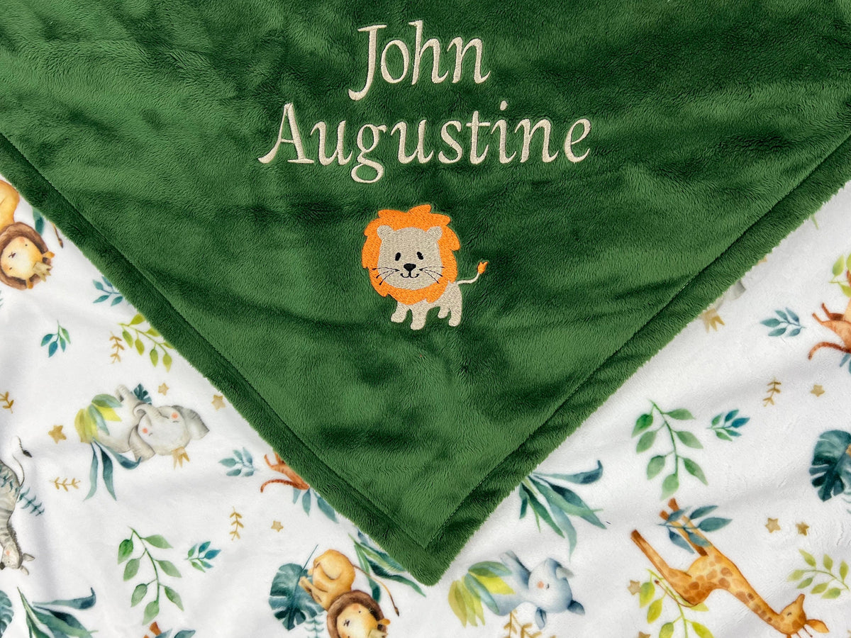 Personalize Baby Blanket, Evergreen Minky, Baby Safari Animals, Name and Lion, Welcome Gift for Baby, 1st Birthday Gift, Gender Neutral Gift