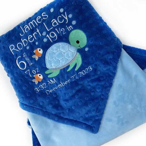 Personalized Baby Blanket, Blue Minky Blanket, Embroidered Birth Stats, Turtle Design, Personalized Gift for Infant, Gift for Baby Boy