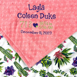 Personalized Minky Baby Blanket, Coral Purple Cacti, Embroidered Birth Stats, Custom Blanket, Baby Gift for Girl, Birthday Gift for Girl