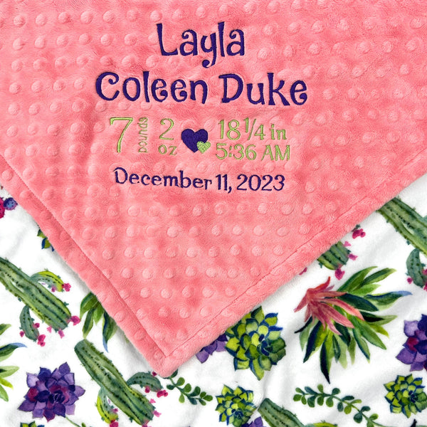 Personalized Minky Baby Blanket, Coral Purple Cacti, Embroidered Birth Stats, Custom Blanket, Baby Gift for Girl, Birthday Gift for Girl