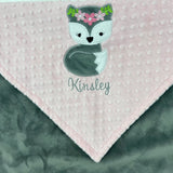 Fox Baby Blanket, Pink and Gray Minky, Embroidered Blanket, Personalized Name or Birth Stats, Baby Gift for Girls