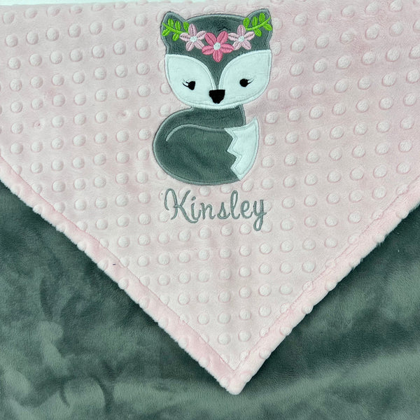 Fox Baby Blanket, Pink and Gray Minky, Embroidered Blanket, Personalized Name or Birth Stats, Baby Gift for Girls
