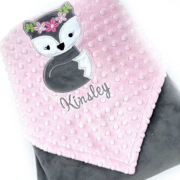 Fox Baby Blanket, Pink and Gray Minky, Embroidered Blanket, Personalized Name or Birth Stats, Baby Gift for Girls