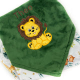 Personalized Blanket, Green Jungle Animal Print Minky, Lion Applique, Baby Lion Blanket, Plush Keepsake Gift for Baby, Gift for Boy or Girl