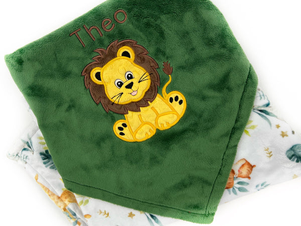 Personalized Blanket, Green Jungle Animal Print Minky, Lion Applique, Baby Lion Blanket, Plush Keepsake Gift for Baby, Gift for Boy or Girl