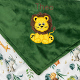 Personalized Blanket, Green Jungle Animal Print Minky, Lion Applique, Baby Lion Blanket, Plush Keepsake Gift for Baby, Gift for Boy or Girl