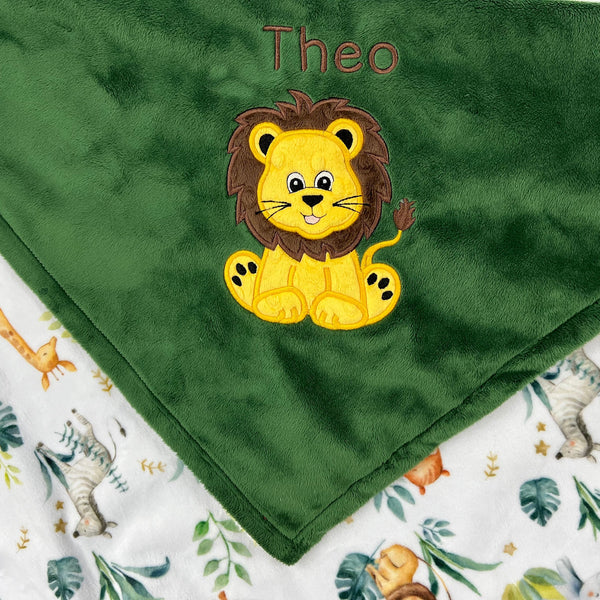 Personalized Blanket, Green Jungle Animal Print Minky, Lion Applique, Baby Lion Blanket, Plush Keepsake Gift for Baby, Gift for Boy or Girl