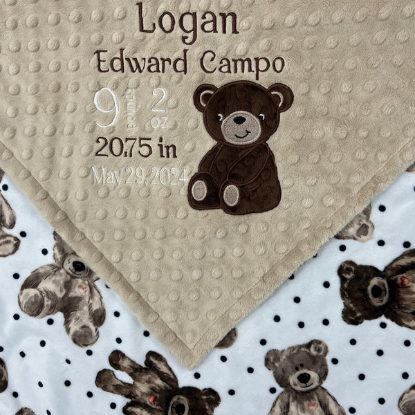 Minky Birth Stats Blanket, Brown and Tan Teddy Bear Minky, Teddy Applique, Plush Blanket, Newborn Baby Gift, Personalized Keepsake Gift