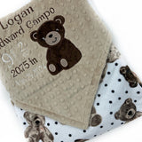 Minky Birth Stats Blanket, Brown and Tan Teddy Bear Minky, Teddy Applique, Plush Blanket, Newborn Baby Gift, Personalized Keepsake Gift