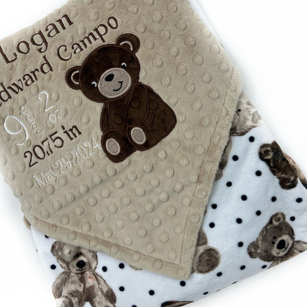 Minky Birth Stats Blanket, Brown and Tan Teddy Bear Minky, Teddy Applique, Plush Blanket, Newborn Baby Gift, Personalized Keepsake Gift