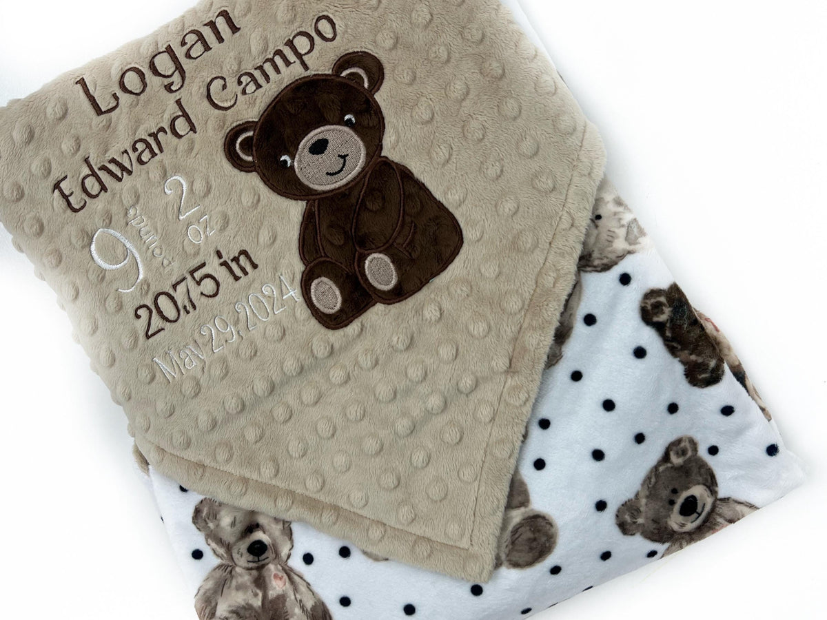 Minky Birth Stats Blanket, Brown and Tan Teddy Bear Minky, Teddy Applique, Plush Blanket, Newborn Baby Gift, Personalized Keepsake Gift