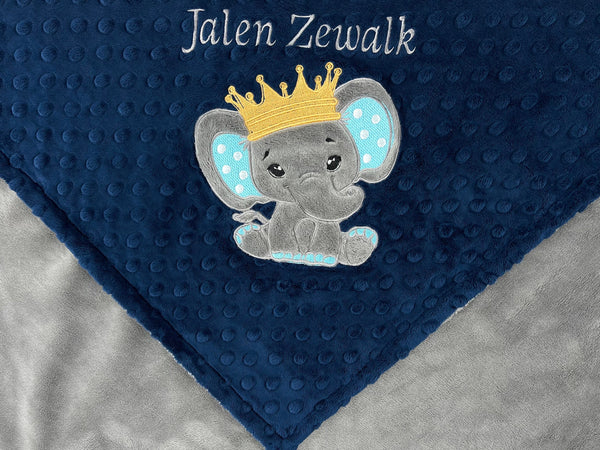 Elephant Blanket, Elephant King, Custom Baby Blanket, Navy and Gray Minky, Personalized Prince Blanket, Gift for Baby Boy, Baby Shower Gift