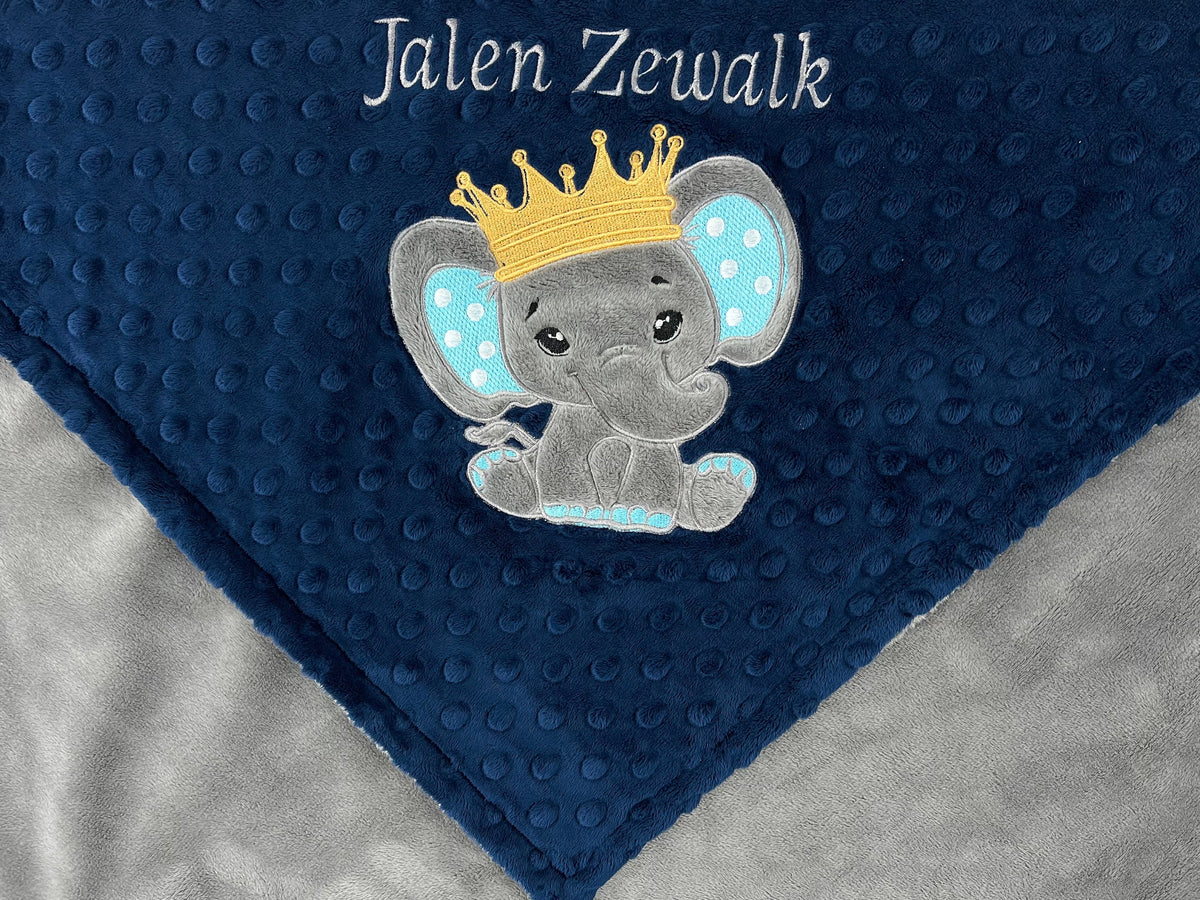 Elephant Blanket, Elephant King, Custom Baby Blanket, Navy and Gray Minky, Personalized Prince Blanket, Gift for Baby Boy, Baby Shower Gift