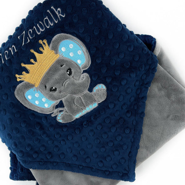 Elephant Blanket, Elephant King, Custom Baby Blanket, Navy and Gray Minky, Personalized Prince Blanket, Gift for Baby Boy, Baby Shower Gift