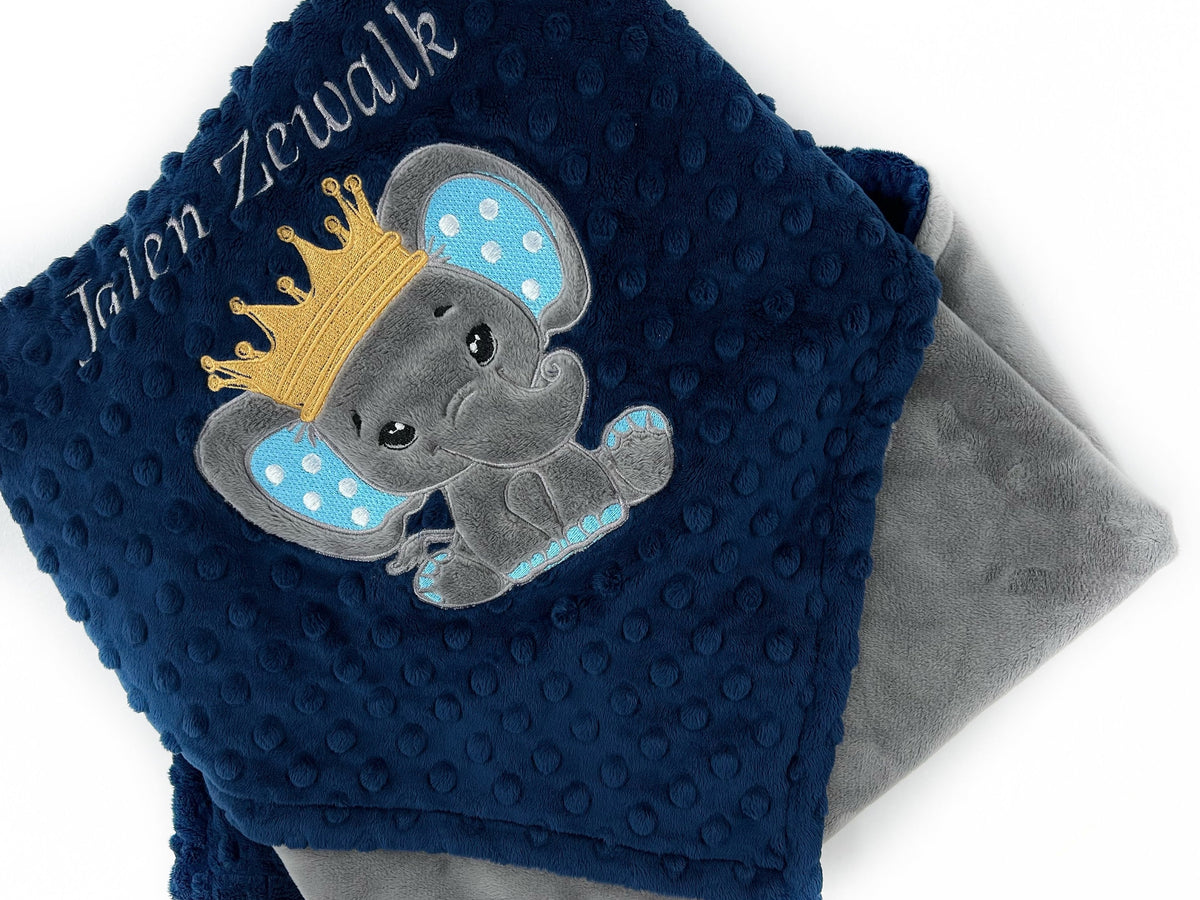 Elephant Blanket, Elephant King, Custom Baby Blanket, Navy and Gray Minky, Personalized Prince Blanket, Gift for Baby Boy, Baby Shower Gift
