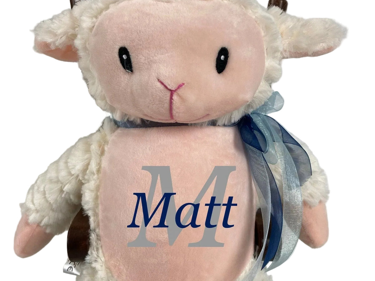 fuzzy lamb with embroidered initial and name
