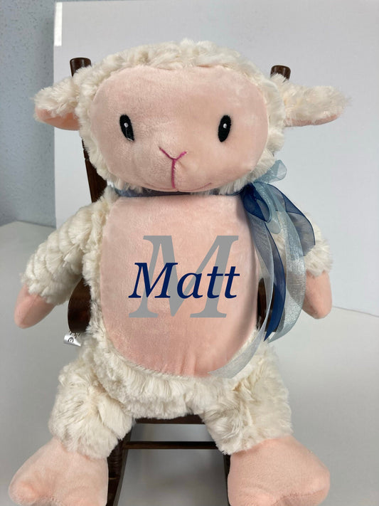 fuzzy lamb with embroidered initial and name
