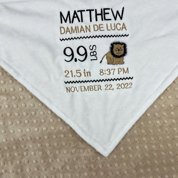Personalized Baby Blanket in Tan and White Minky, Embroidered Birth Stats with Lion, Keepsake Gift for Baby Boy