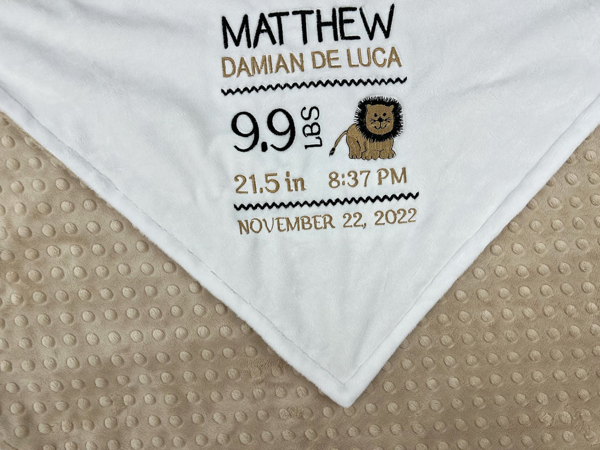 Personalized Baby Blanket in Tan and White Minky, Embroidered Birth Stats with Lion, Keepsake Gift for Baby Boy
