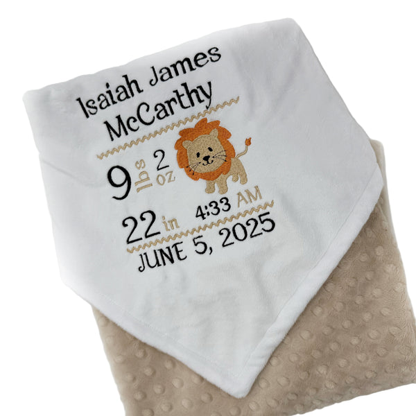 Personalized Baby Blanket, Tan and White Minky, Birth Stats Design, Lion Nursery Theme, Gift for Baby, Latte Blanket