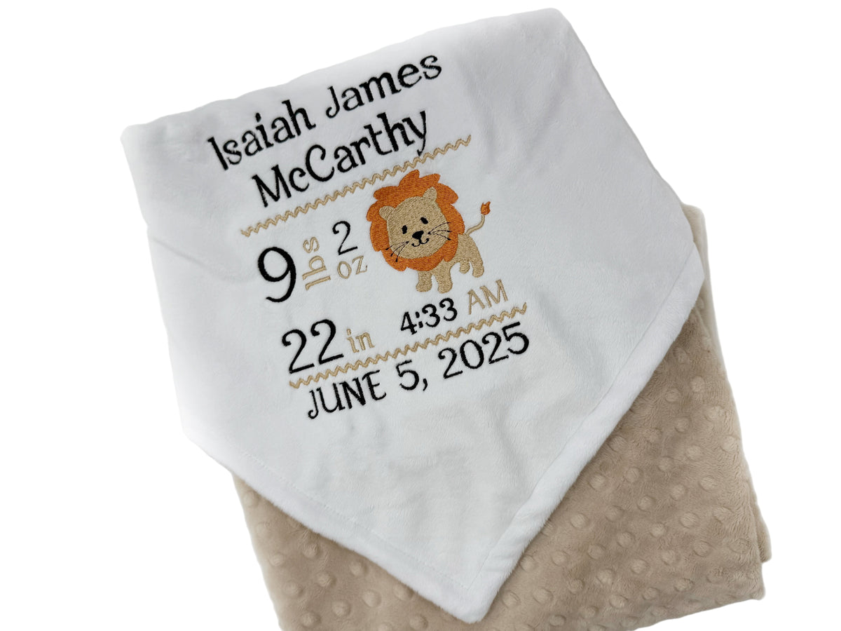 Personalized Baby Blanket, Tan and White Minky, Birth Stats Design, Lion Nursery Theme, Gift for Baby, Latte Blanket