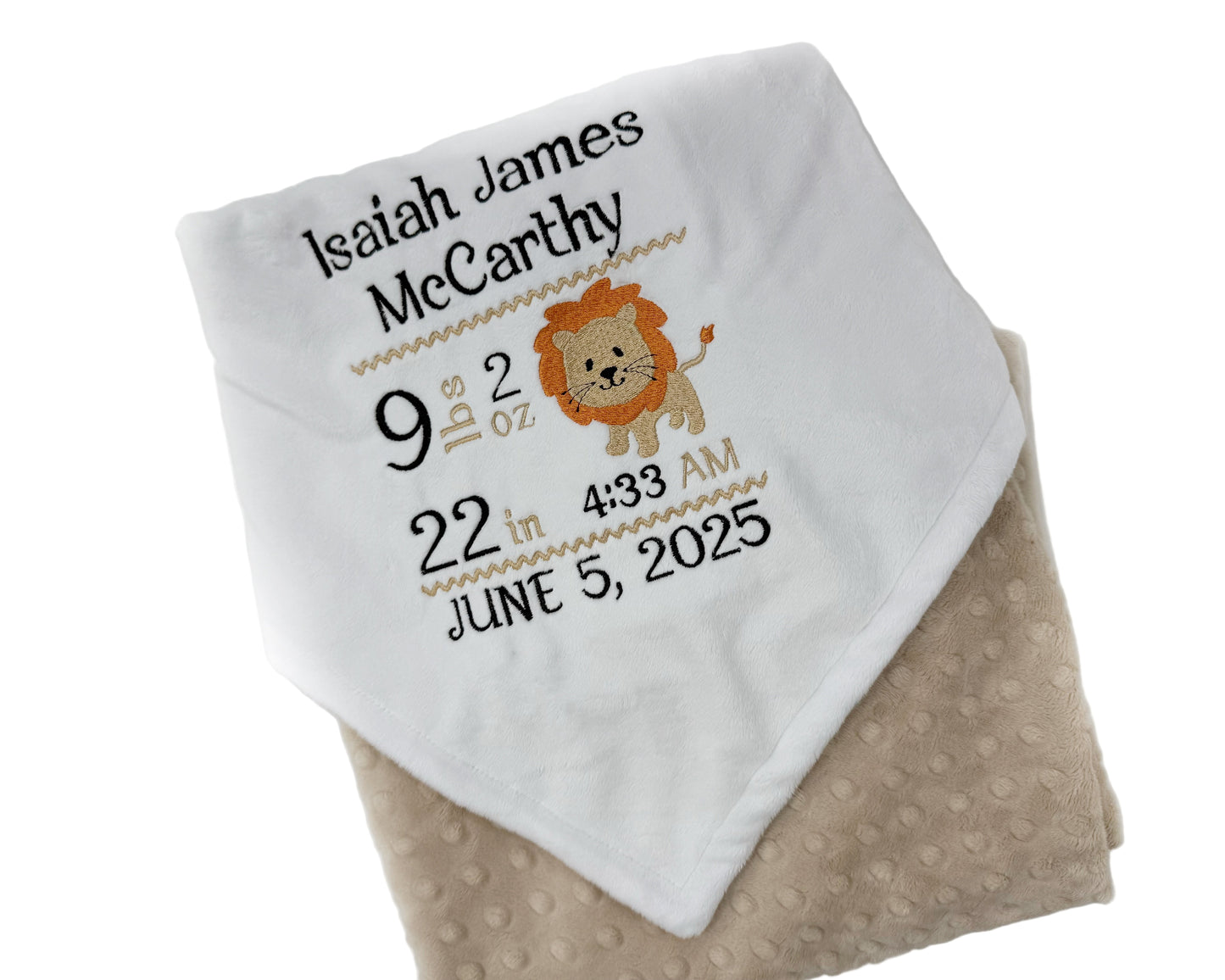 Personalized Baby Blanket, Tan and White Minky, Birth Stats Design, Lion Nursery Theme, Gift for Baby, Latte Blanket