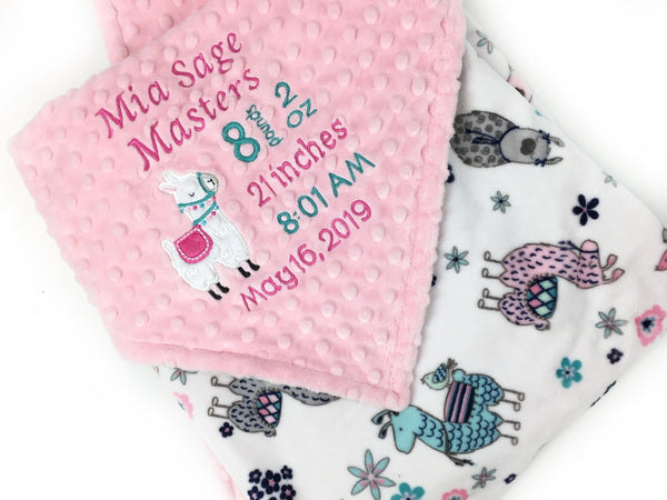 Personalized Minky Blanket, Pink Llama Blanket, Llama Nursery Theme, Birth Stats Blanket, Keepsake Gift for Baby Girl, Welcome Gift for Girl