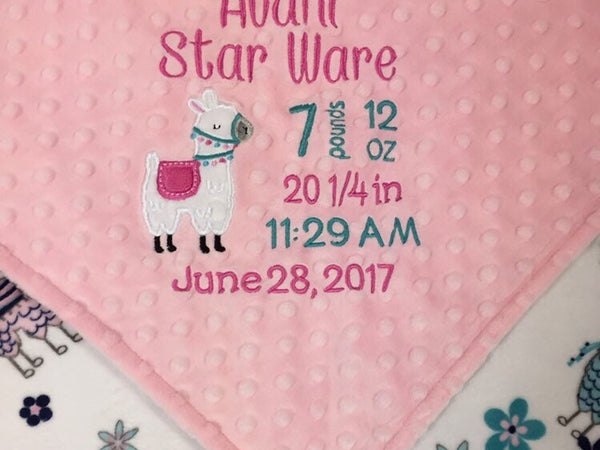 Personalized Minky Blanket, Pink Llama Blanket, Llama Nursery Theme, Birth Stats Blanket, Keepsake Gift for Baby Girl, Welcome Gift for Girl