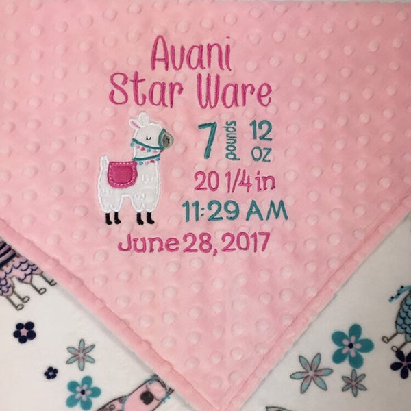 Personalized Minky Blanket, Pink Llama Blanket, Llama Nursery Theme, Birth Stats Blanket, Keepsake Gift for Baby Girl, Welcome Gift for Girl