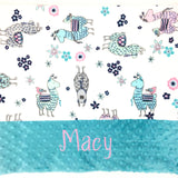 llama pillowcase with aqua end and embroidered name in pink