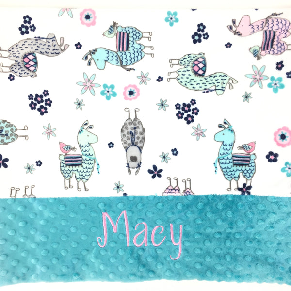 llama pillowcase with aqua end and embroidered name in pink