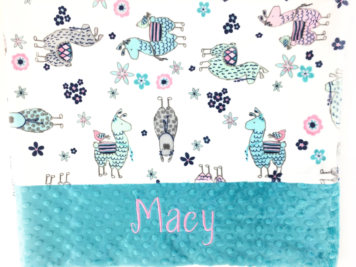 llama pillowcase with aqua end and embroidered name in pink