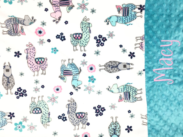 personalized llama pillowcase with aqua end and embroidered name in pink
