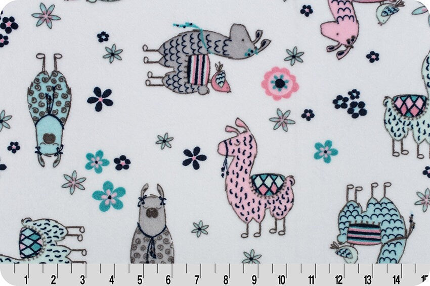 Pink Baby Blanket with Embroidered Birth Stats, Pink and Teal Llama Minky, Gift for Baby Girl