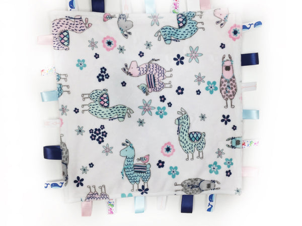 Personalized Lovey Tag Blanket in Pink Llama Minky, Sensory Gift for Baby Girl