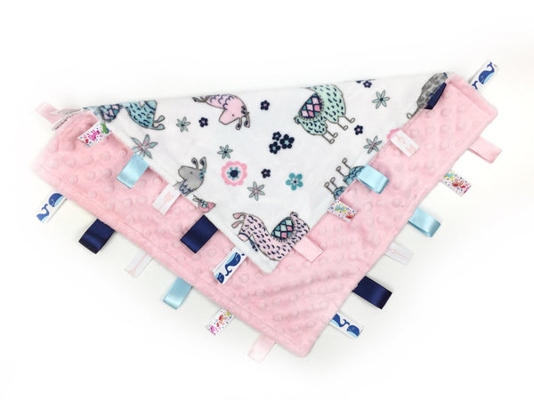 Personalized Lovey Tag Blanket in Pink Llama Minky, Sensory Gift for Baby Girl