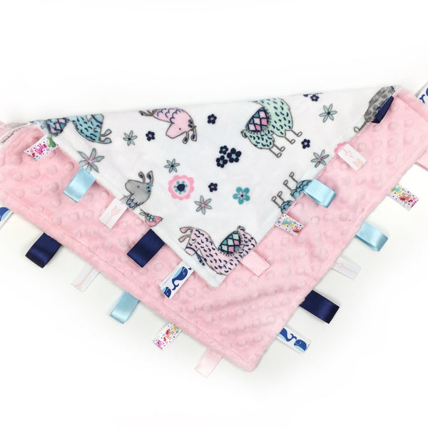 Personalized Lovey, Minky Tag Blanket, Pink Llamas Tag Lovey, Sensory Ribbon Tag Blanket, Baby Girl Shower Gift, Welcome Baby Gift