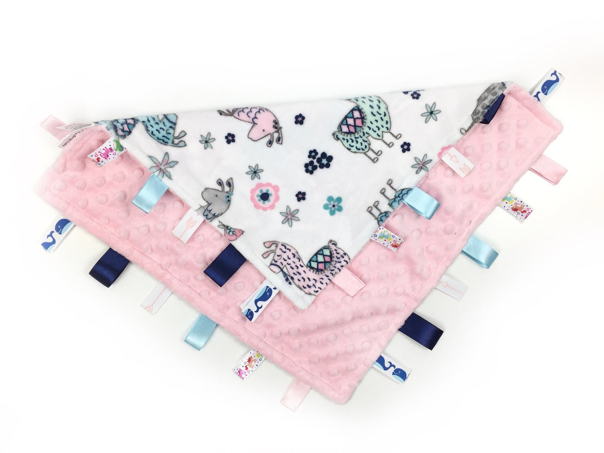 Personalized Lovey Tag Blanket in Pink Llama Minky, Sensory Gift for Baby Girl