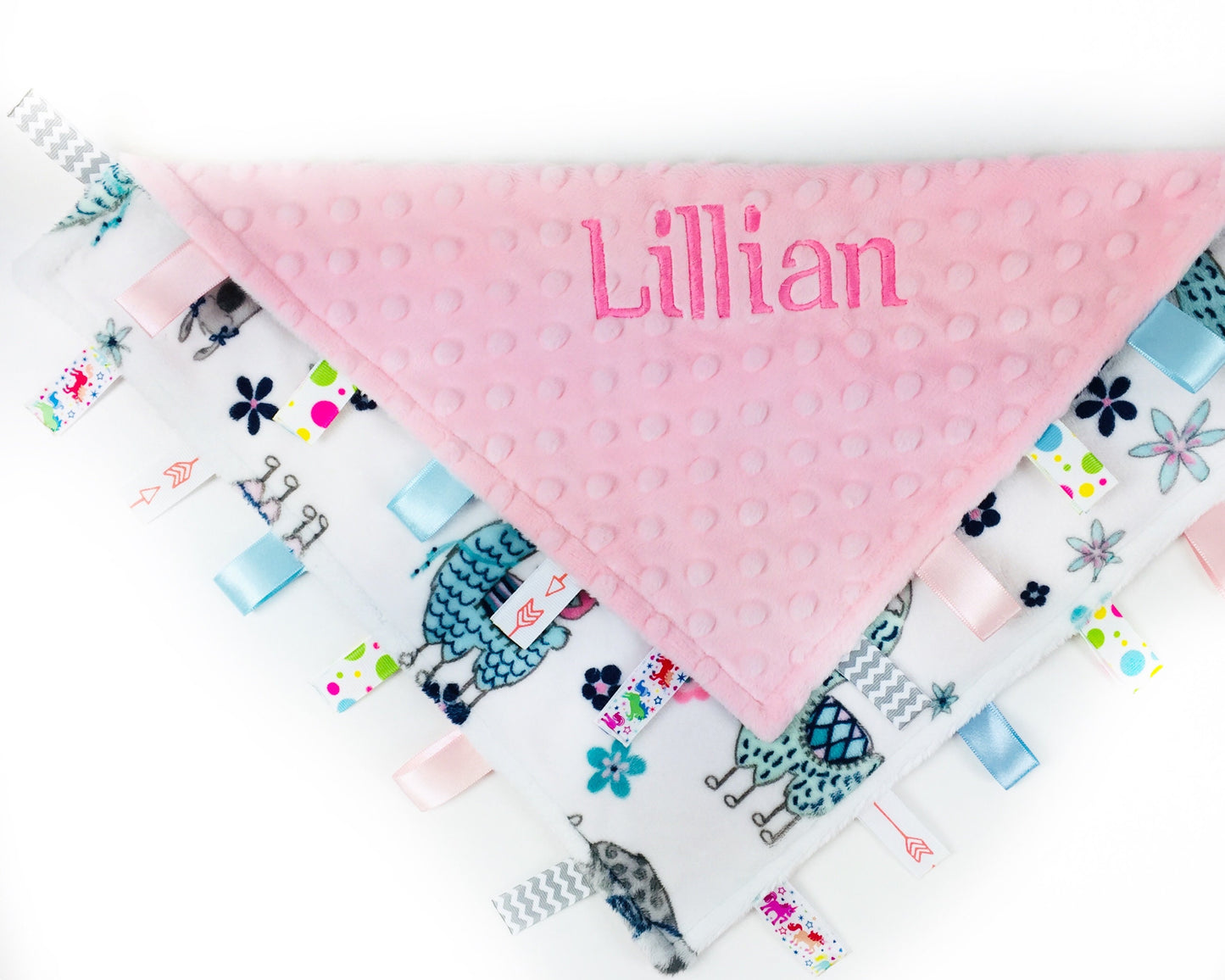 Personalized Lovey, Minky Tag Blanket, Pink Llamas Tag Lovey, Sensory Ribbon Tag Blanket, Baby Girl Shower Gift, Welcome Baby Gift