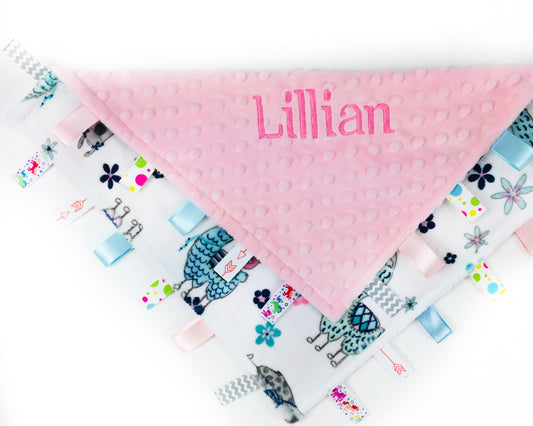 Personalized Lovey, Minky Tag Blanket, Pink Llamas Tag Lovey, Sensory Ribbon Tag Blanket, Baby Girl Shower Gift, Welcome Baby Gift