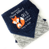 Minky Birth Stats Blanket, Grey Arrows and Navy Minky, Personalized Fox Blanket, Monogrammed Blanket, Personalized Gift for Boys